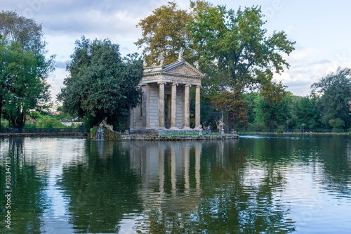 Temple of Aesculapius (19th century) in the public park Pincian Hill, Villa Borghese gardens, Rome, Italy