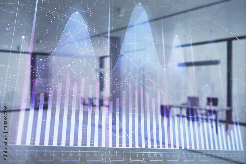 Stock and bond market graph with trading desk bank office interior on background. Multi exposure. Concept of financial analysis Stock and bond market graph with trading desk bank office interior on background. Multi exposure. Concept of financial analysis