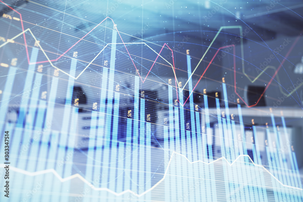 Stock market chart with trading desk bank office interior on background. Double exposure. Concept of financial analysis Stock market chart with trading desk bank office interior on background. Double exposure. Concept of financial analysis