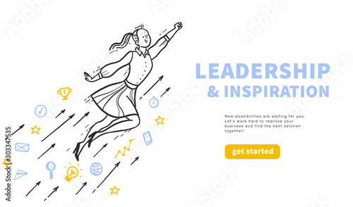 Leadership and inspiration concept with happy business girl flying upwards isolated on white background. Business line icons. Hand drawn style. Vector illustration. For web banner, mobile app, ui.