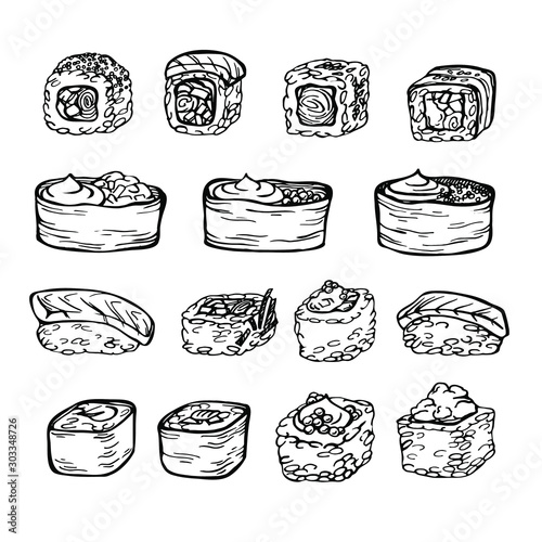 Hand drawn set of sketch sushi rolls. Japanese, Asian food