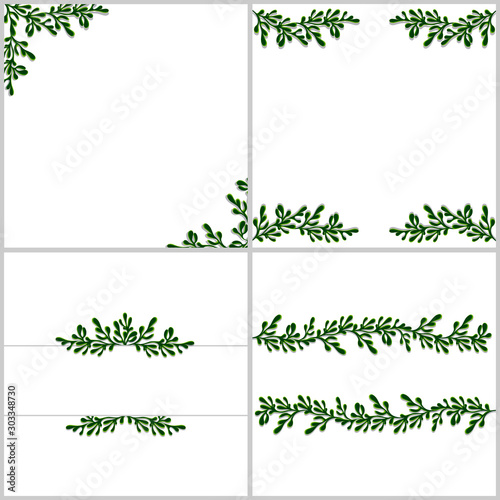 Christmas tree branches. Borders collection with spruce twigs. Angular, horizontal, central frame with pine. Backgrounds set with empty space for indcription. Vector EPS 10 photo