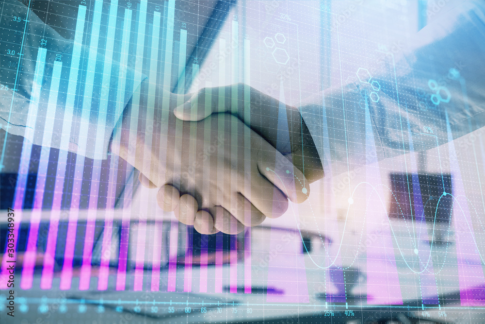 Multi exposure of financial graph on office background with two businessmen handshake. Concept of success in business