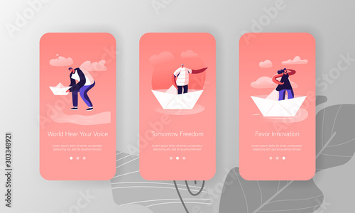 People on Paper Ship Mobile App Page Onboard Screen Set. Woman Looking Forward Man Pointing Way with Hand. Origami Boat Business Hobby Concept for Website or Web Page, Cartoon Flat Vector Illustration