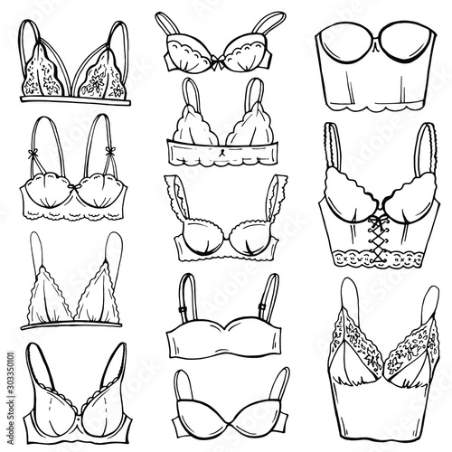 Set of lingerie elements.Vector Fashion Different types of bras - Illustration silhouette