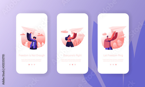 Origami Hobby or Launching New Business Start Up Mobile App Page Onboard Screen Set. People with Paper Airplane in Hands. Fly Plane Concept for Website or Web Page, Cartoon Flat Vector Illustration