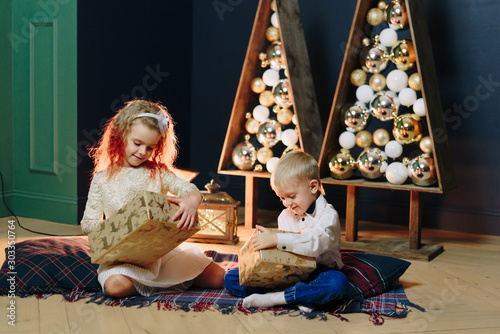 little beautiful boy and girl on the background of a decorated Christmas tree with lights