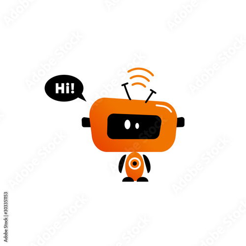 Vector flat illustration of cute robot say hi. Robot assistance, chatbot support concept.