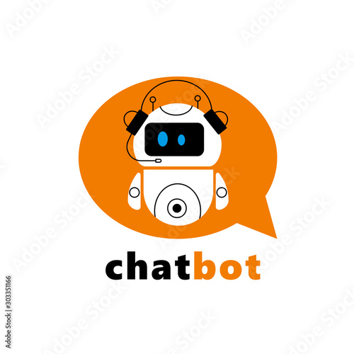 Cute vector cartoon illustration of chatbot in a speech bubble.