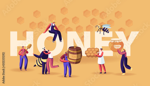 Honey Concept. Characters with Honeycomb, Spoon, Jar. People Extracting and Eating Sweet Bee Production. Beekeeping Industry, Farming Poster Banner Flyer Brochure. Cartoon Flat Vector Illustration