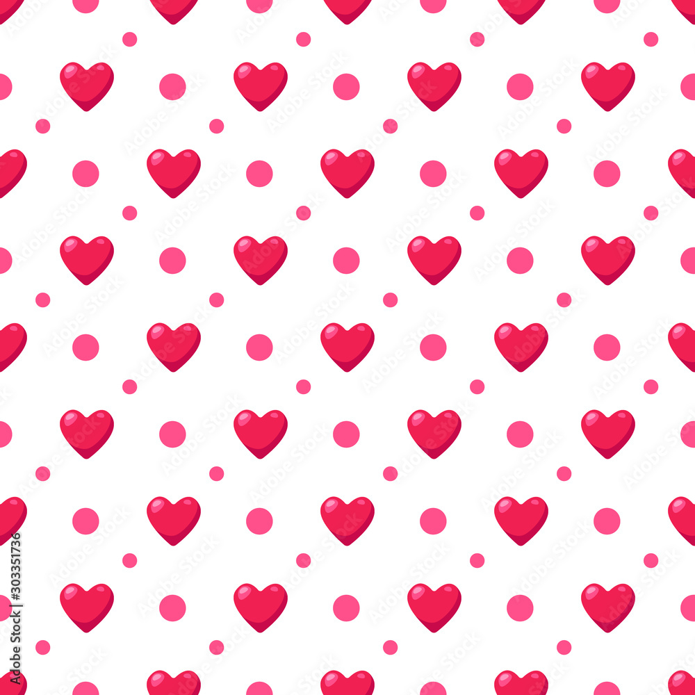 Valentine Day abstract seamless pattern - cartoon red and pink hearts on white, geometric shapes, vector romantic background, endless texture for wrapping, textile, scrapbook