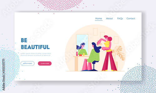 Young Woman Visiting Beauty Salon Website Landing Page. Master doing Haircut for Girl in Barbershop Drying Hair with Fan front of Mirror. Fashion Club Web Page Banner. Cartoon Flat Vector Illustration