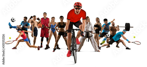 Sport collage. Cycling  running  fitness  bodybuilding  tennis  fighter and basketball players