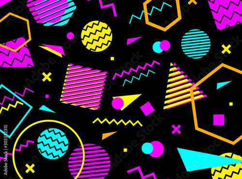 Geometric pattern in memphis 80-90s style on black background with geometric shapes. Vector illustration. photo