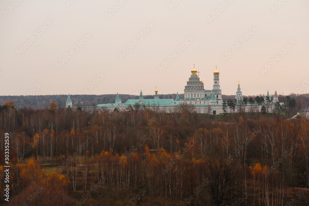 Autumn landscape with a view of the New Jerusalem Monastery in Moscow region