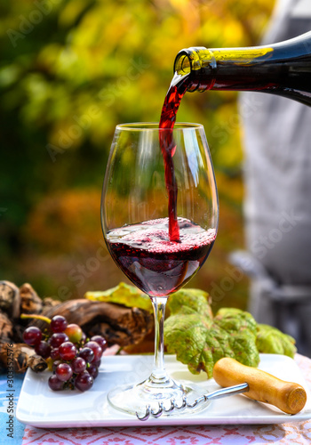 Pouring yound red beaujolais wine in glass during celebration of end of harvest and first sale release on third Thursday of November in Burgundy, France