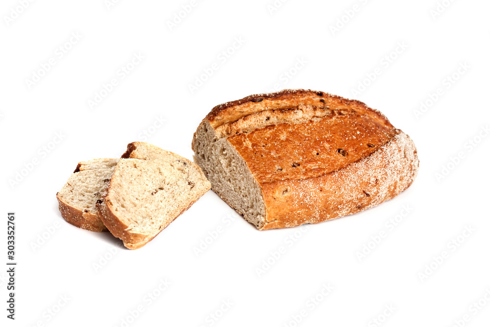 Loaf of whole wheat bread with slices isolated on white background Loaf of whole wheat bread with slices isolated on white background