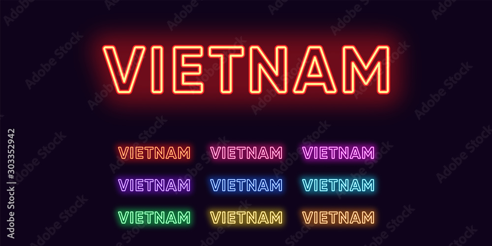 Neon Vietnam name, Asian Country. Neon text of Vietnam. Vector set of glowing Headlines Neon Vietnam name, Asian Country. Neon text of Vietnam. Vector set of glowing Headlines
