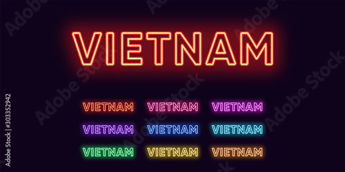Neon Vietnam name, Asian Country. Neon text of Vietnam. Vector set of glowing Headlines