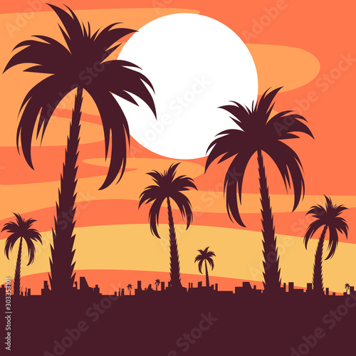 Palm trees. Summer tropical background with palm leaves. Palm tree background. For banners  t-shirts  advertising  etc. Flat style. Vector illustration
