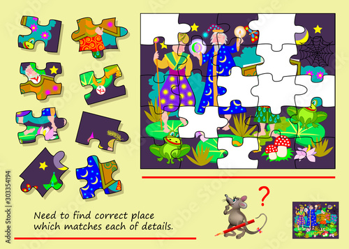 Logical puzzle game for children and adults. Find place which for each piece. Printable page for brain teaser book. Developing counting and spatial thinking skills. IQ training test.