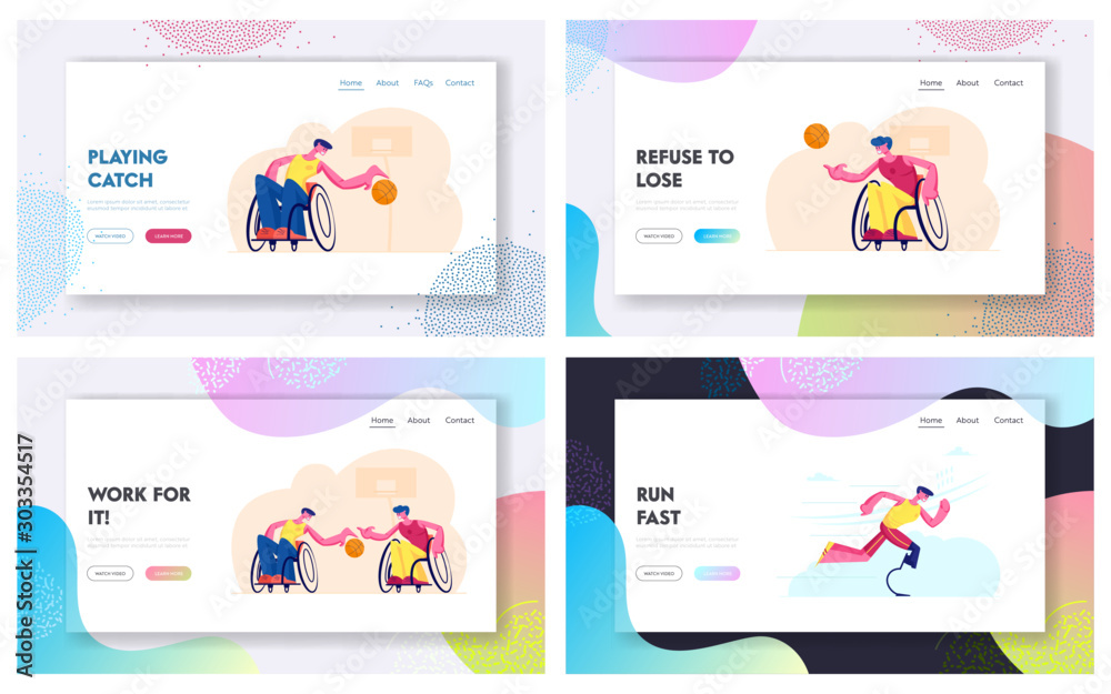 Handicapped People Post-Accident Recovery, Rehabilitation Exercises Website Landing Page Set. Disabled Men Playing Basketball, Running on Stadium Web Page Banner. Cartoon Flat Vector Illustration