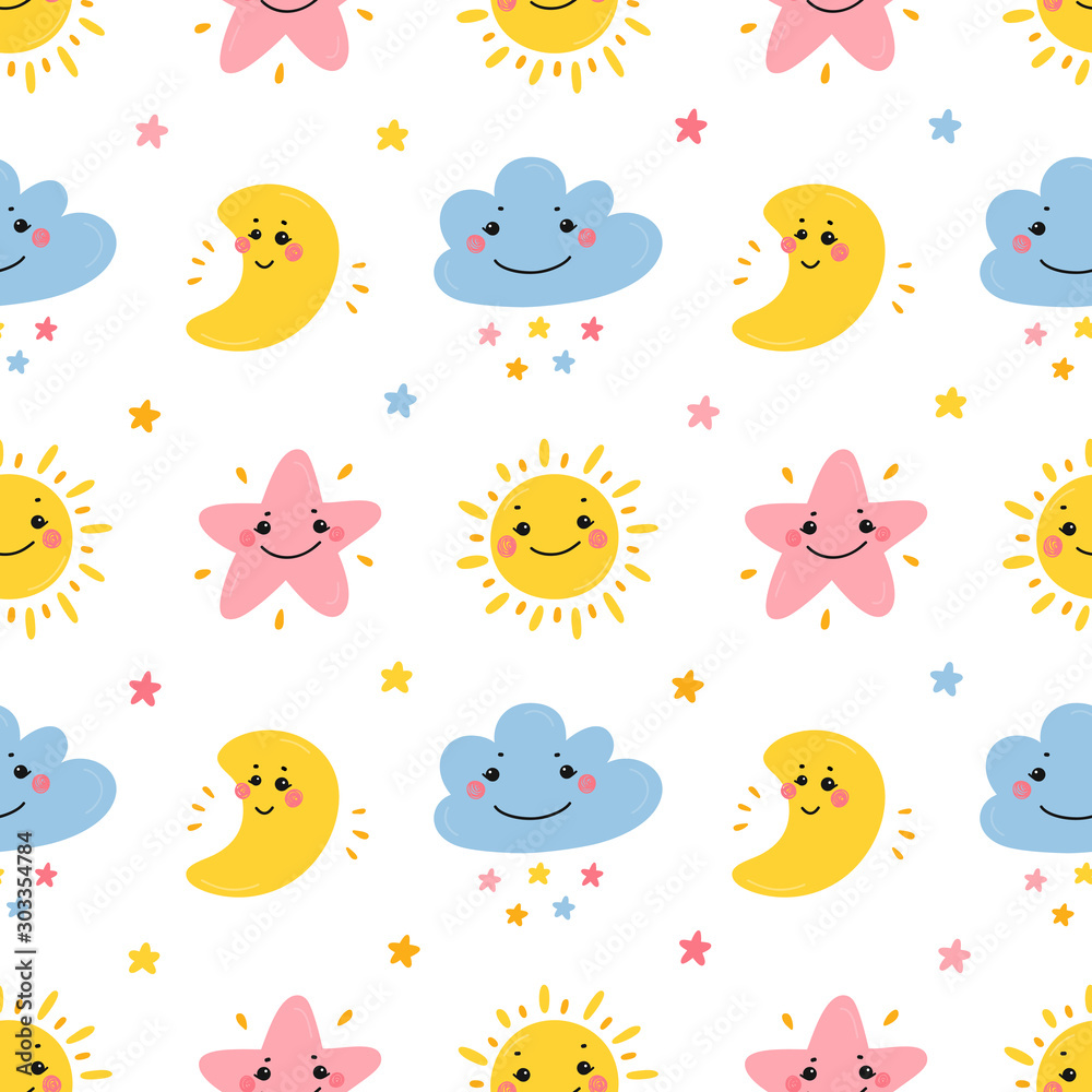 Vector Seamless Pattern with Cute Smiling Moon, Cloud, Star and Sun Kawaii Icons. Sky Background for Kids Fashion, Nursery, Baby Shower Scandinavian Design. Vector Seamless Pattern with Cute Smiling Moon, Cloud, Star and Sun Kawaii Icons. Sky Background for Kids Fashion, Nursery, Baby Shower Scandinavian Design.