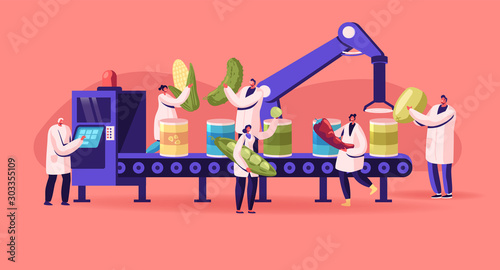 Canning Factory Working Process. Production of Canned Vegetables. Workers Put Fresh Veggies and Greens to Tins on Conveyor Belt. Farmers Products Manufacture Industry. Cartoon Flat Vector Illustration