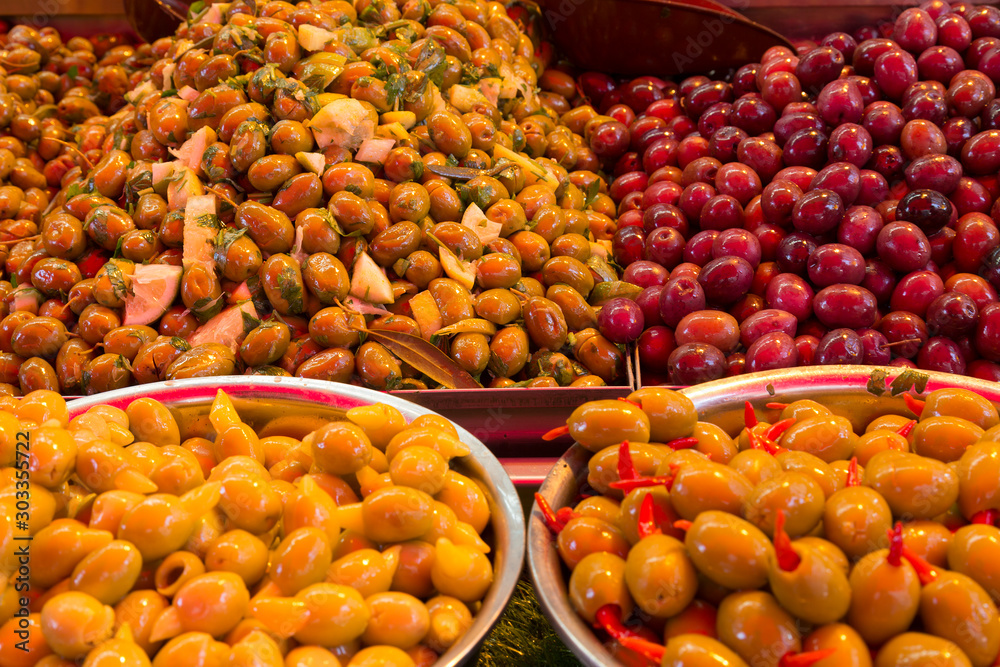 sale of canned olives in the market