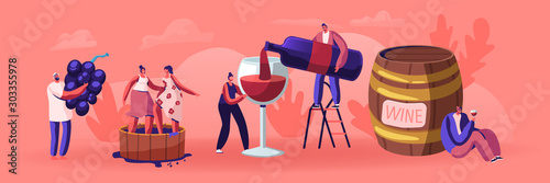 Wine Producing and Drinking Concept. Man with Bottle Pouring Alcohol Drink to Glass. Male and Female Characters Grow Organic Grapes, Produce Natural Vine Production. Cartoon Flat Vector Illustration