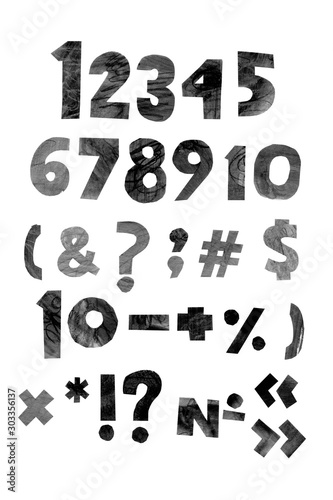 Numbers and Symbols lettering paper kids. Children's letters on a white background. Black textured letters.