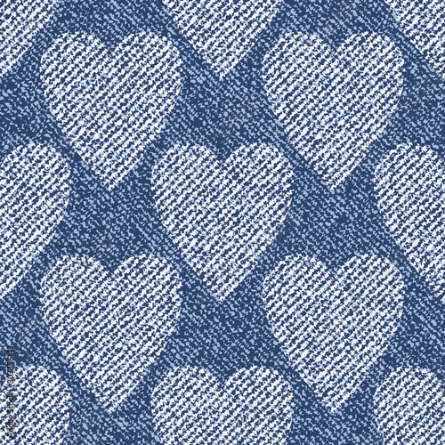 Hearts. Vector Denim seamless pattern. Blue jeans cloth. Valentine's Day wallpaper.