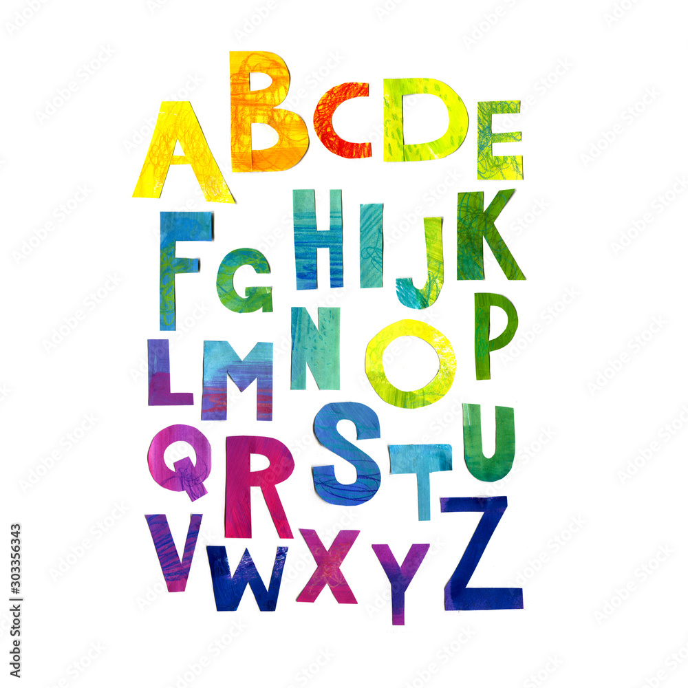 Alphabet for kids poster. Color paper lettering. Collage of colored paper. Letters on a white background.