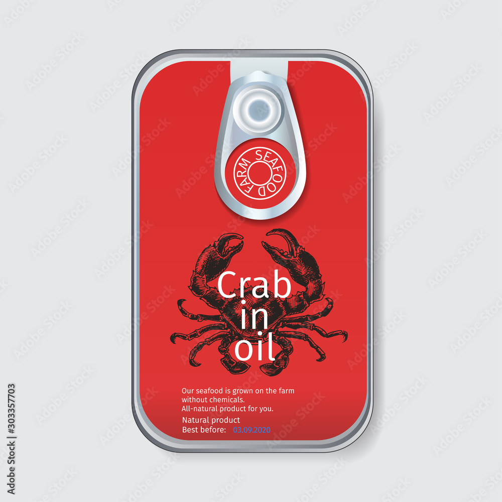 Packaging for seafood. Label for boxing natural products. Crab meat.