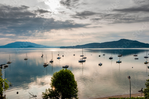 Boats moored on Lake Maggiore in Italy at Dusk