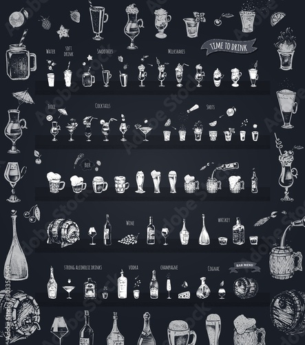 Bar menu. Soft and strong, long and shot drinks. Vintage hand drawn sketches of alcoholic drinks. Chalk drawing style vector icons of beer, smoothie, cocktails, shots, champagne, vodka and whiskey.