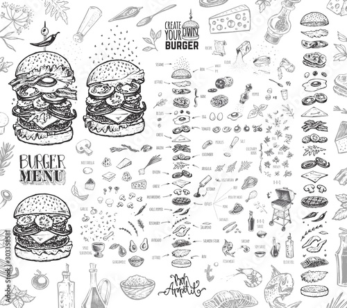 Burger menu. Vintage template with hand drawn sketches of hamburger and its ingredients. Engraving style vector icons - bun, cutlet, cucumbers, tomatoes and cheese.
