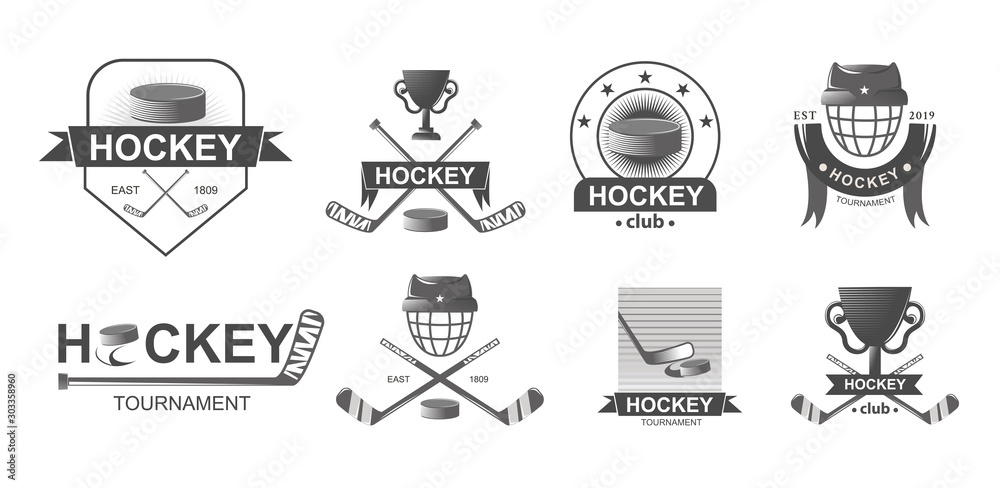 Hockey championship big set logos in monochrome style. Sport emblem competition. Emblems with sticks and hockey mask