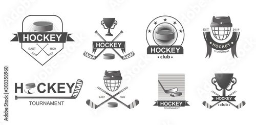 Hockey championship big set logos in monochrome style. Sport emblem competition. Emblems with sticks and hockey mask