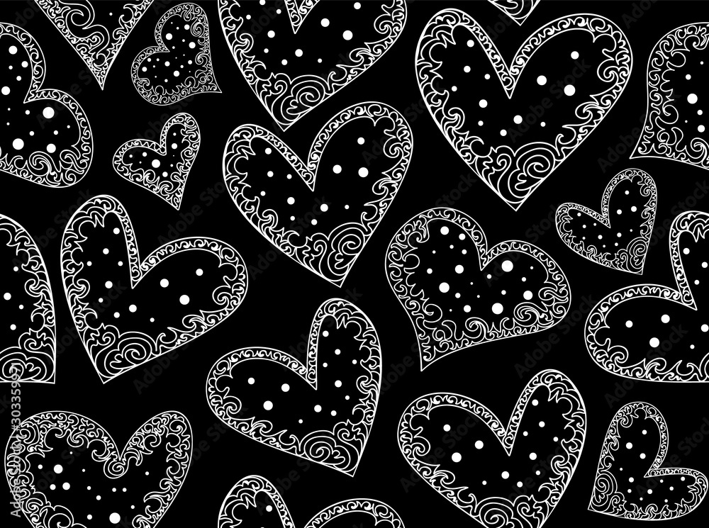 Fototapeta premium Beautiful vector valentine seamless texture with hand drawn ornamental hearts