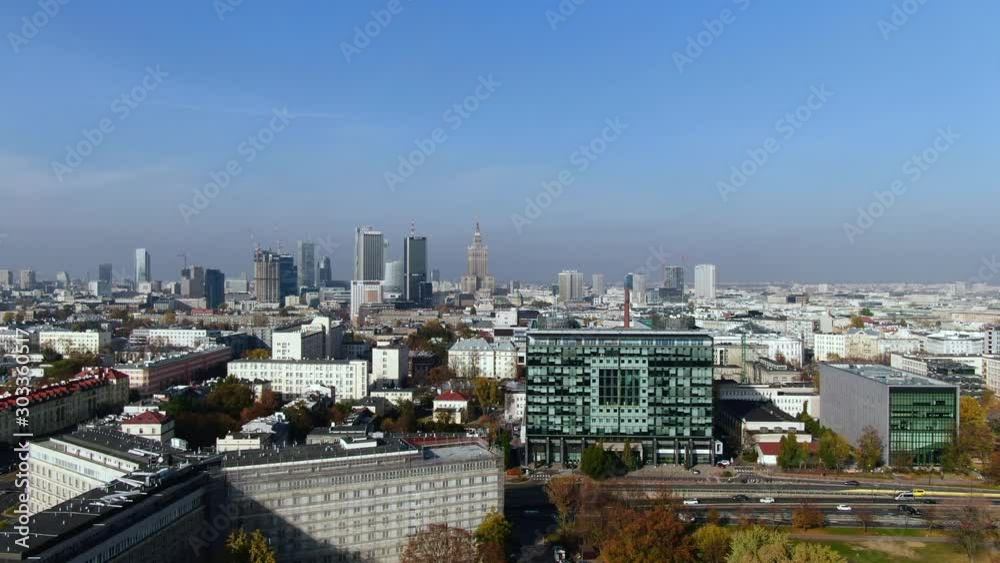Aerial of Warsaw skyline, global alpha city and capital of Poland, east Europe, view of the palace of science and culture Aerial of Warsaw skyline, global alpha city and capital of Poland, east Europe, view of the palace of science and culture