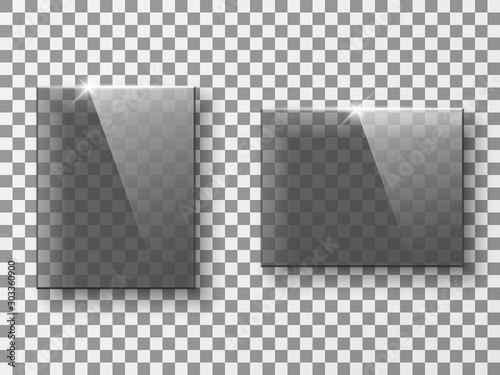 Set of transparent glass plates isolated on checkered background vector illustration.