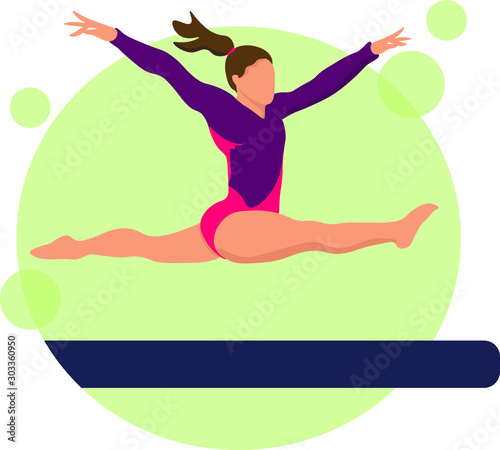 Young girl gymnast exercise sport athlete vector illustration. Training performance strength gymnastics. Championship workout acrobat beautiful character.Women Acrobatic Gymnastics, flat vector