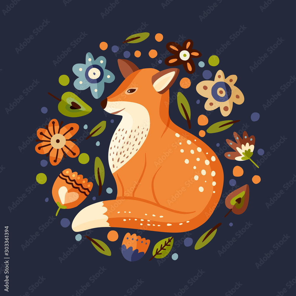 Cartoon fox cute vector illustration, forest clever funny animal round card  with botanical foliage elements. Stock Vector | Adobe Stock