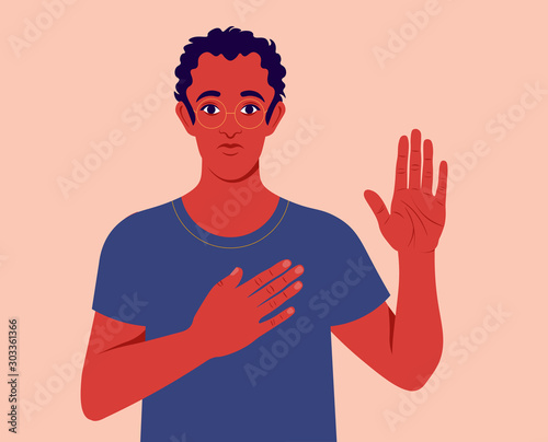 Man swears an oath. Serious guy makes sincere promise, keeps one hand on heart, raises palm, demonstrates loyalty gesture being honest. Vector flat illustration