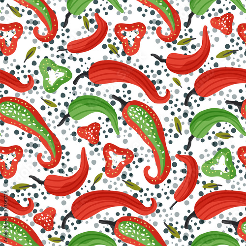 Red chili pepper vector flat seamless pattern. Hot spicy food vegan cartoon illustration. Mexican jalapeno spice.