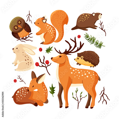 Hand drawn forest animal vector set in a flat style. Woodland cartoon icon funny collection with owl, deer, red squirrel, little hedgehog and a beaver.