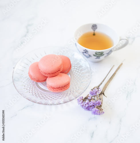 hot tea set with macaroons and dried flowers Vintage style
