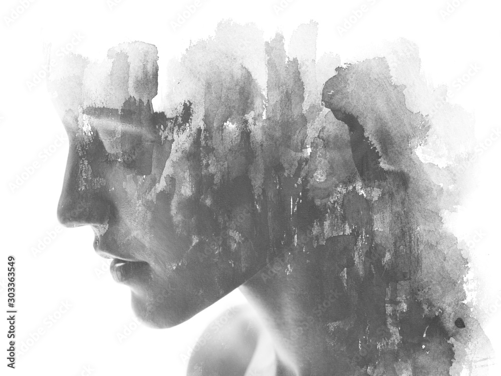 Paintography. Double exposure. Close up of an attractive model combined with hand drawn ink and watercolor painting with overlapping brushstroke texture, black and white - obrazy, fototapety, plakaty 