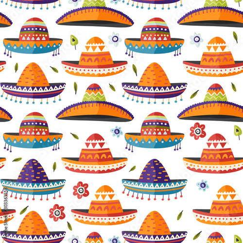 Sombrero hat Mexican vector background. Cartoon flat seamless pattern. Cinco de mayo fiesta symbol.
